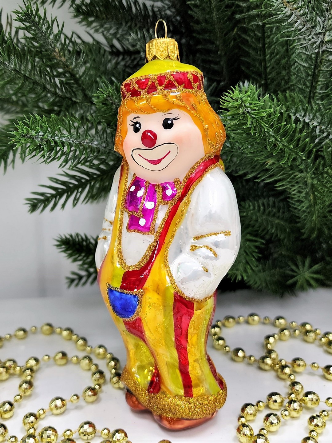 фото Стеклянная елочная игрушка Клоун с бантом