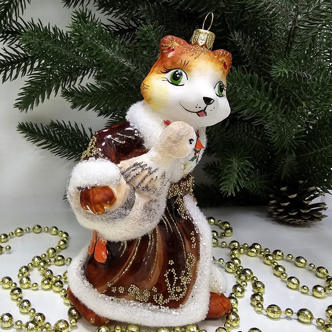 фото Стеклянная елочная игрушка Лиса с гусем