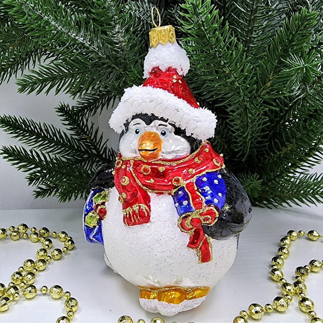 фото Стеклянная елочная игрушка Пингвин с барабаном