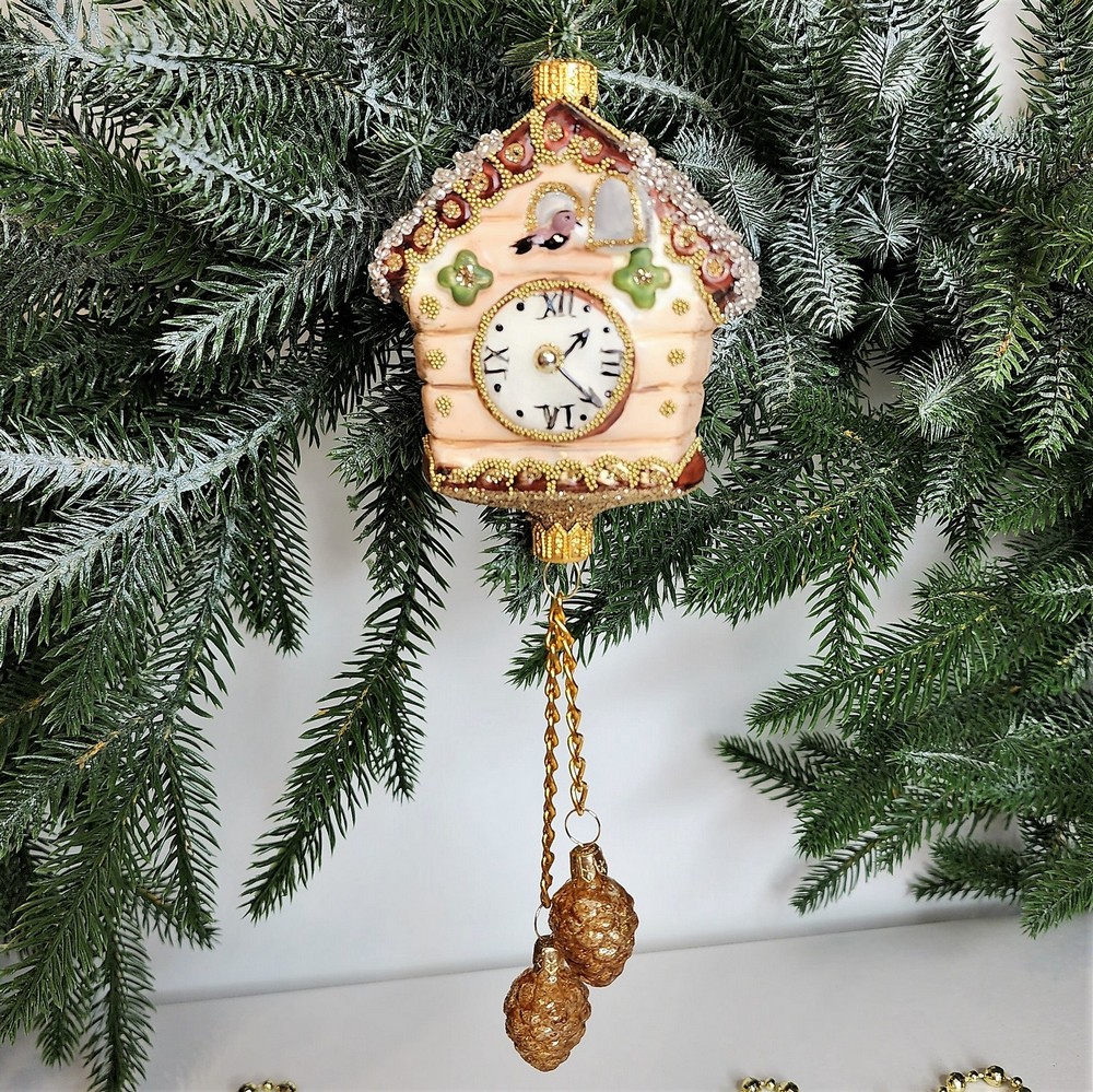 фото Стеклянная елочная игрушка Часы с кукушкой винтаж