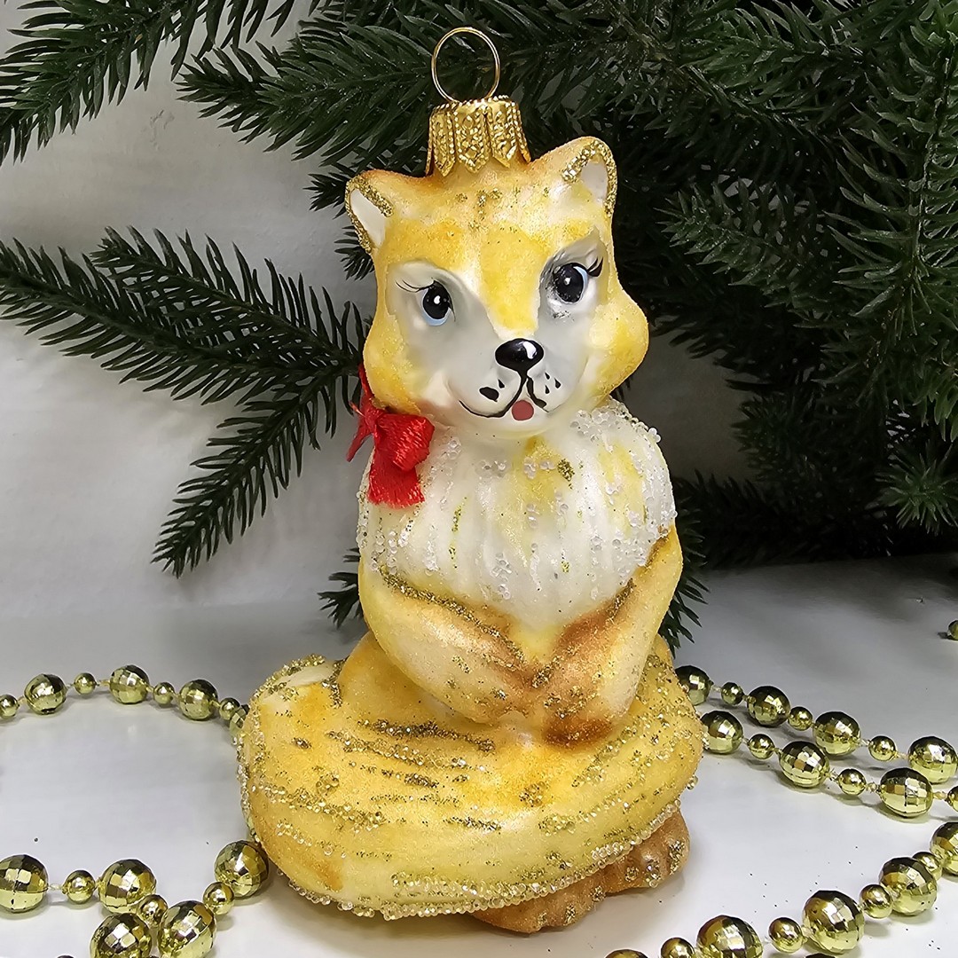 фото Стеклянная елочная игрушка Лисичка на хвостике сахар