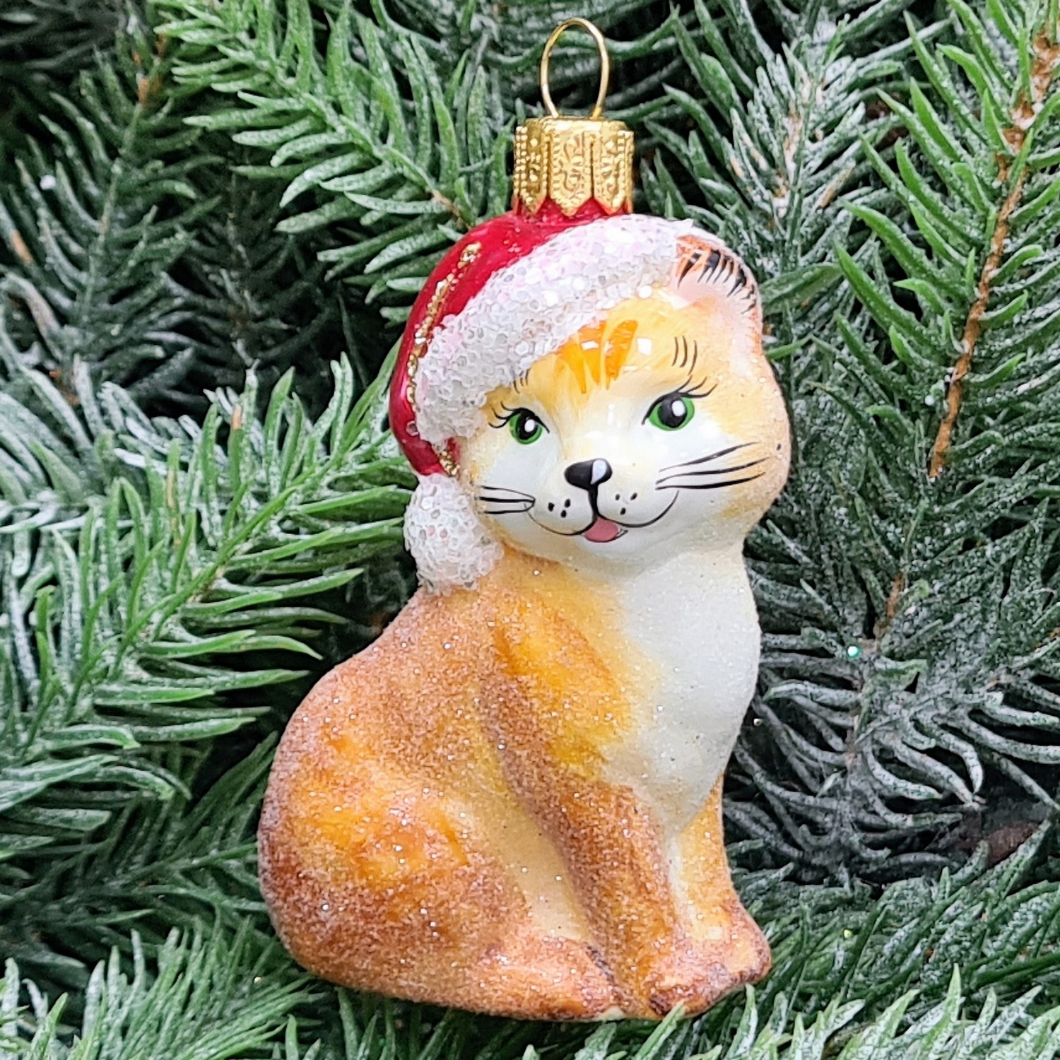 фото Стеклянная елочная игрушка Котик в шапке рыжий