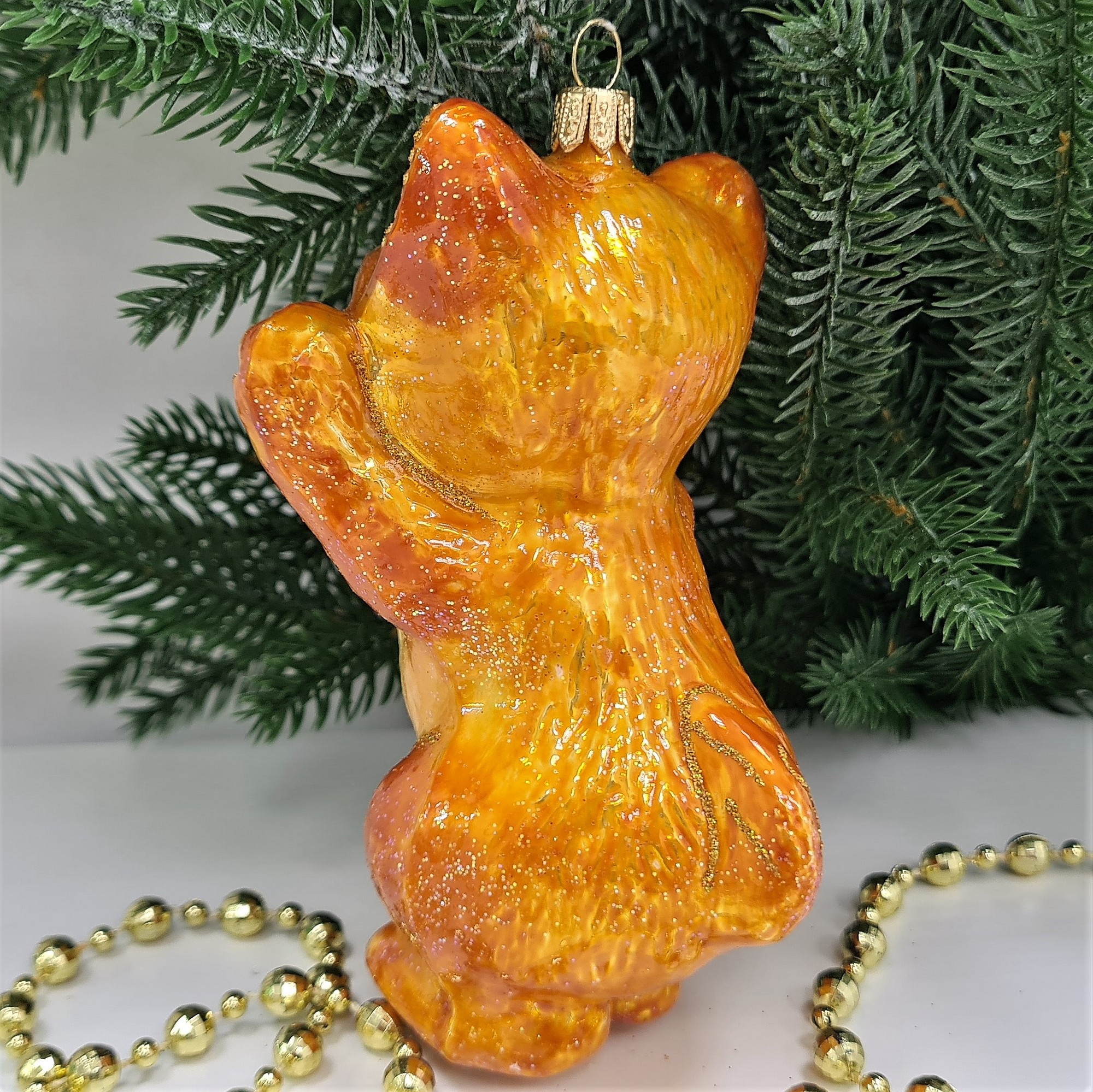 фото Стеклянная елочная игрушка Рыжий котик