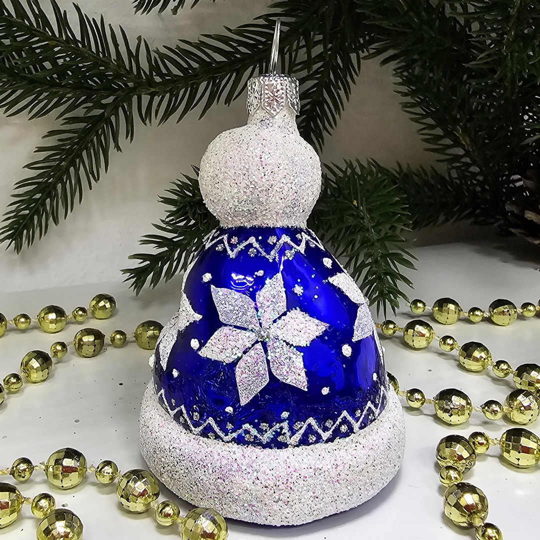 фото Стеклянная елочная игрушка Шапочка синяя