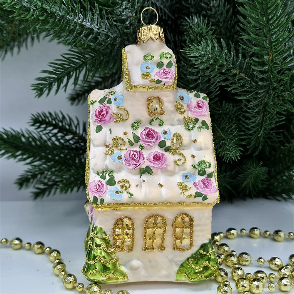 фото Стеклянная елочная игрушка Домик с острой крышей версаль