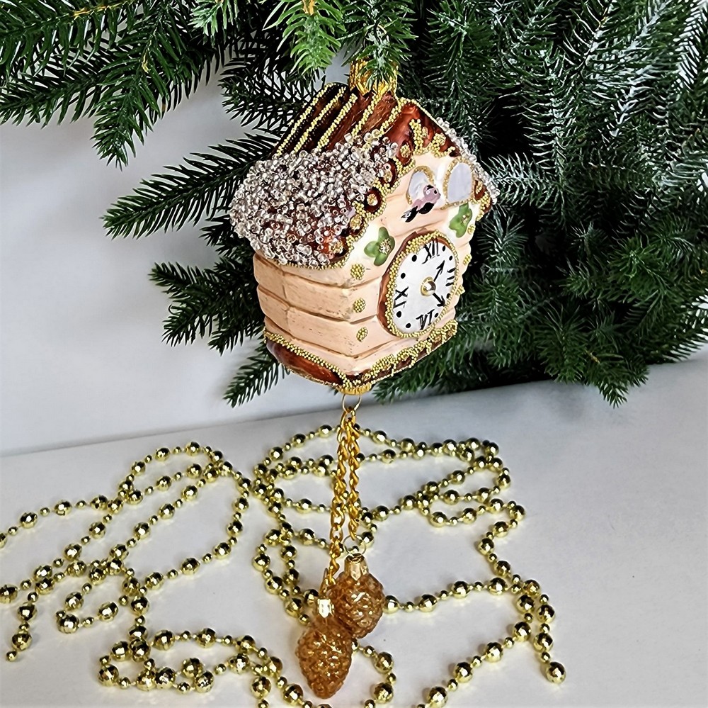 фото Стеклянная елочная игрушка Часы с кукушкой винтаж