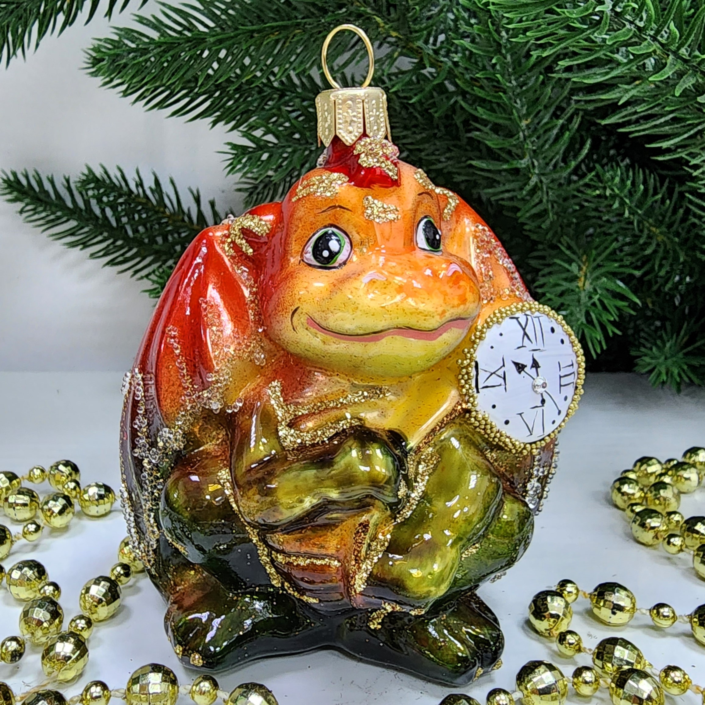 фото Стеклянная елочная игрушка Дракончик с часиками