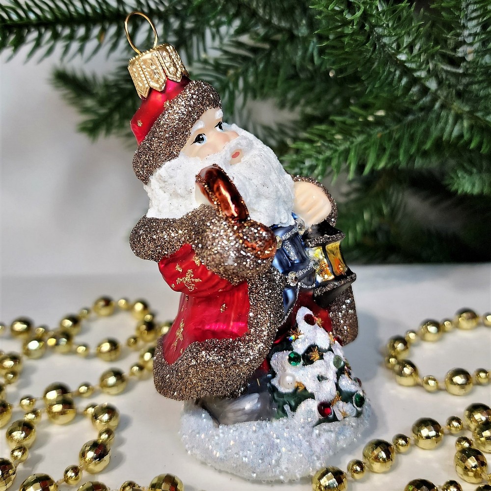 фото Стеклянная елочная игрушка Дед Мороз с фонарем царский