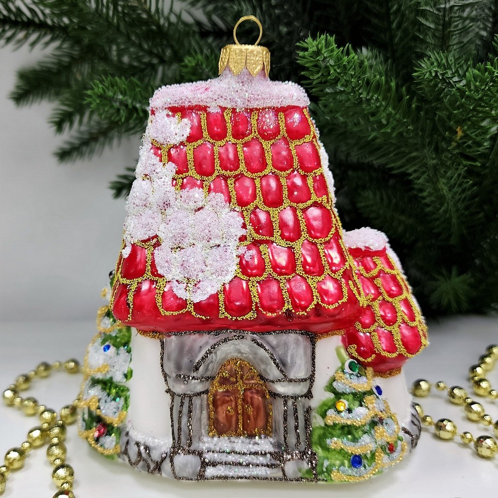 фото Стеклянная елочная игрушка Домик Мельница