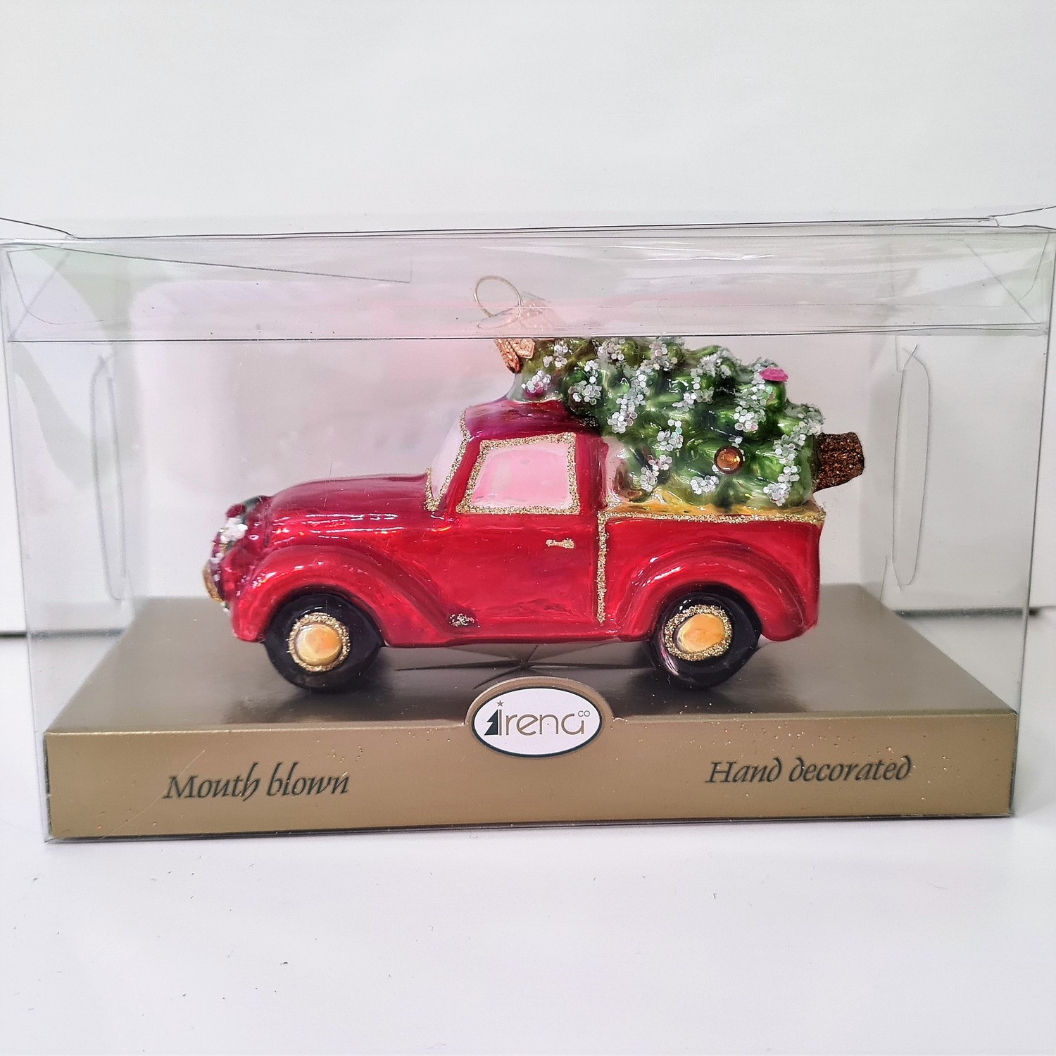 фото Стеклянная елочная игрушка Машинка с елкой