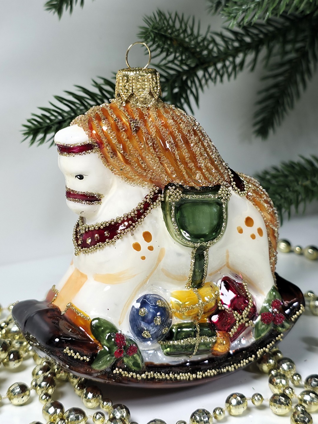 фото Стеклянная елочная игрушка Лошадка качалка