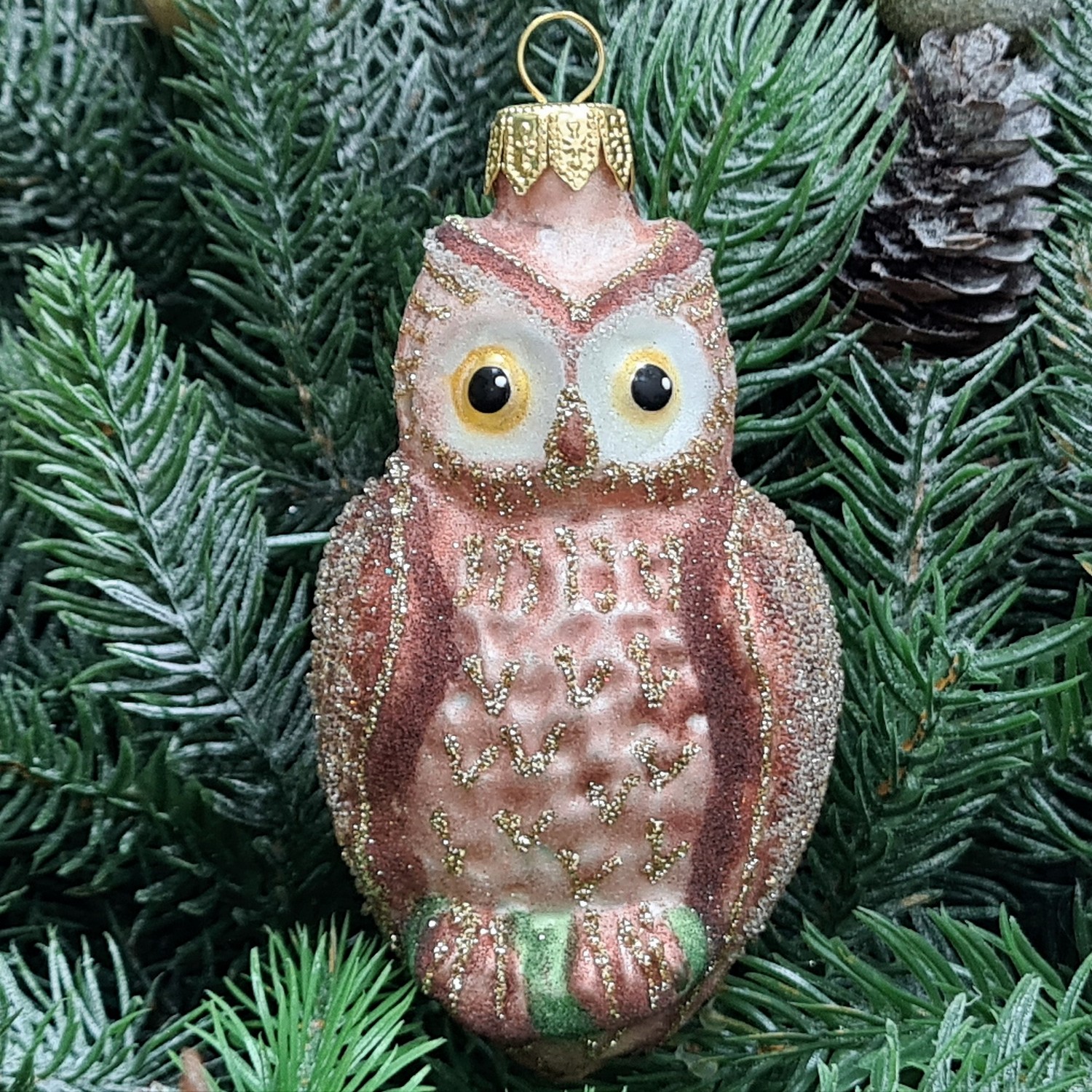 фото Стеклянная елочная игрушка Сова коричневая