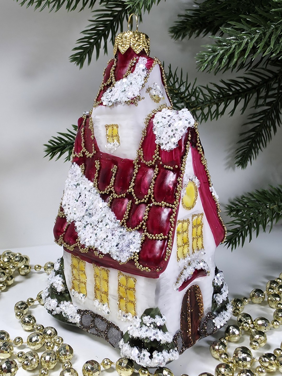 фото Стеклянная елочная игрушка Домик с острой крышей