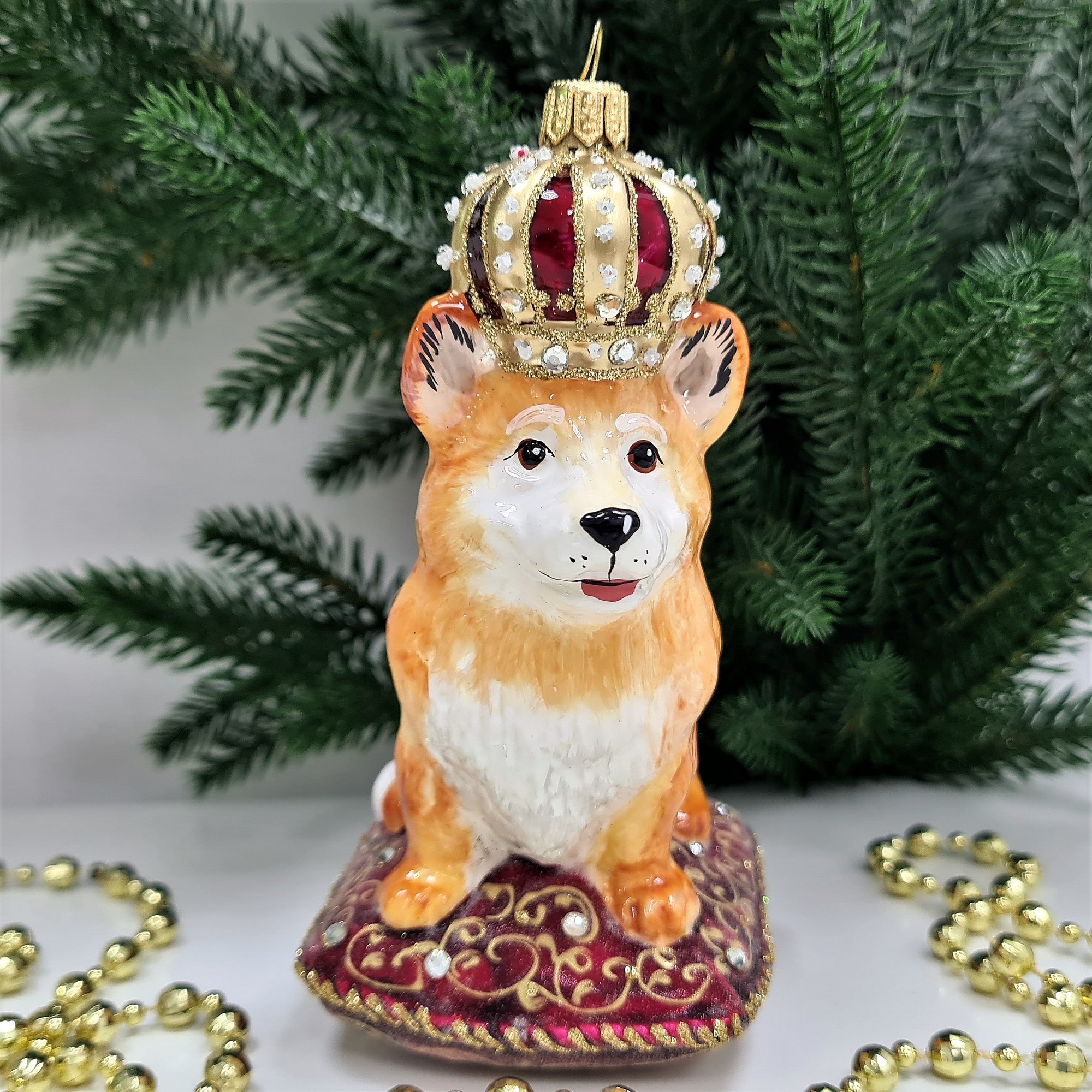 фото Стеклянная елочная игрушка Корги в короне