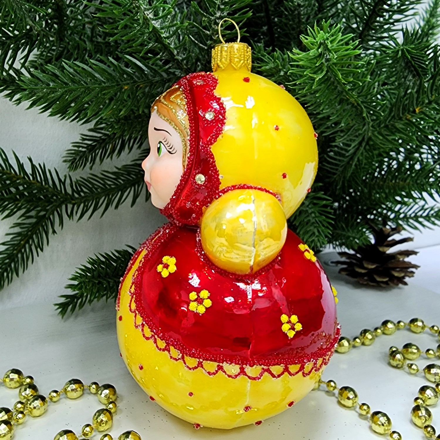 фото Стеклянная елочная игрушка Матрешка неваляшка