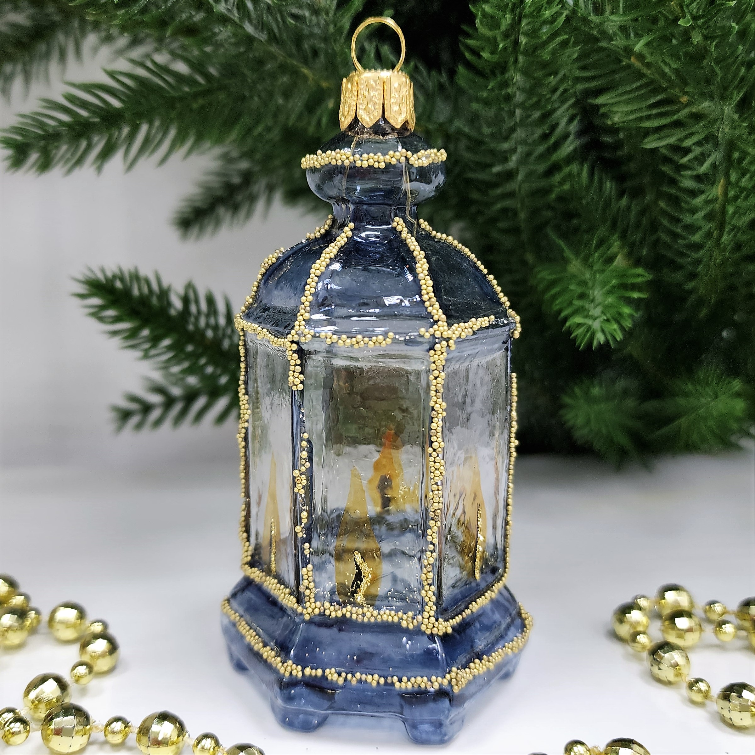 фото Стеклянная елочная игрушка Фонарик синий