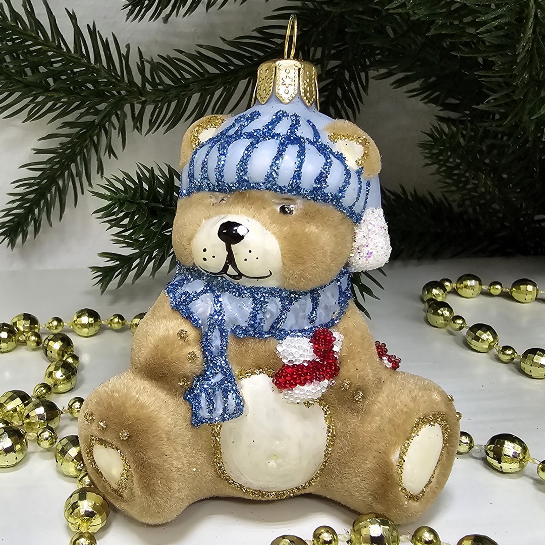фото Стеклянная елочная игрушка Мишка беби флок