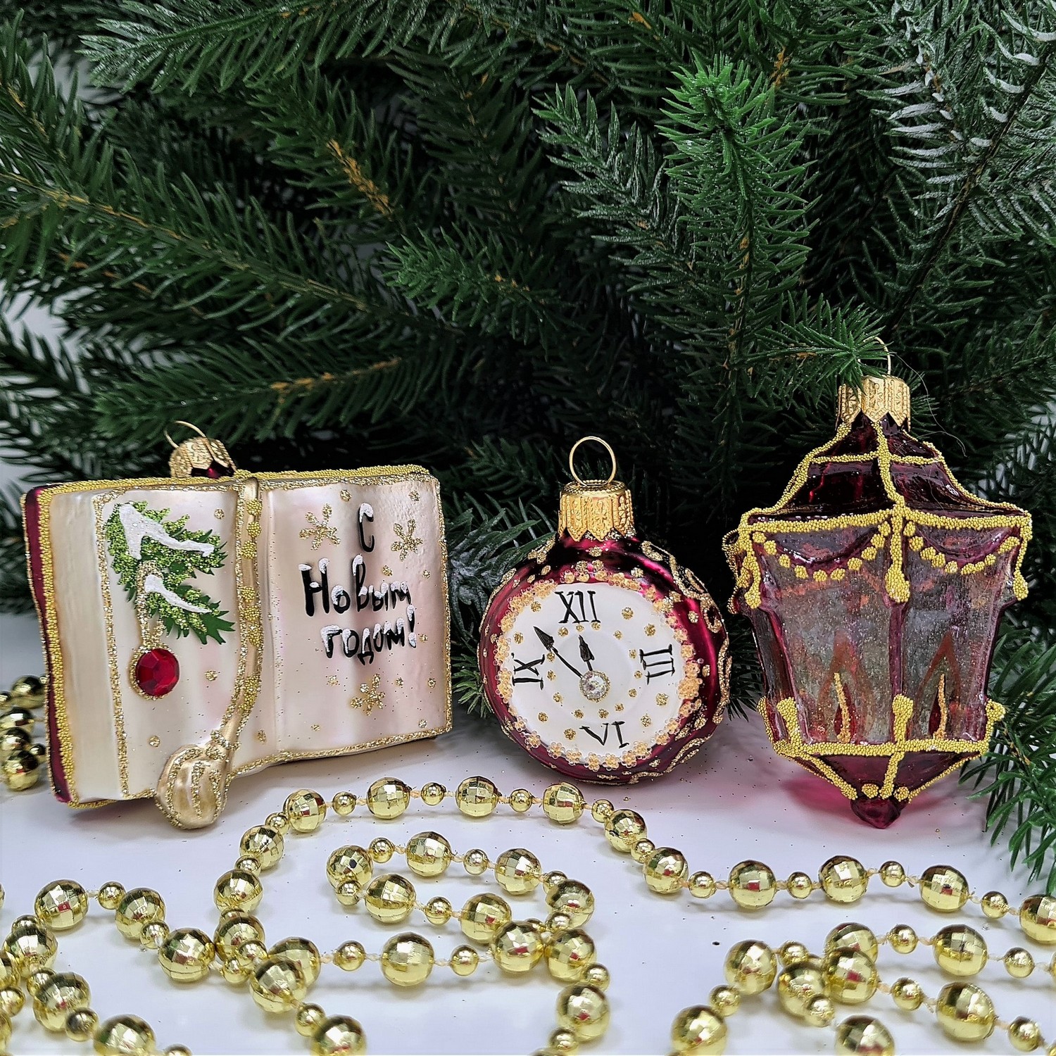 фото Набор ёлочных игрушек Часы, фонарь и книга
