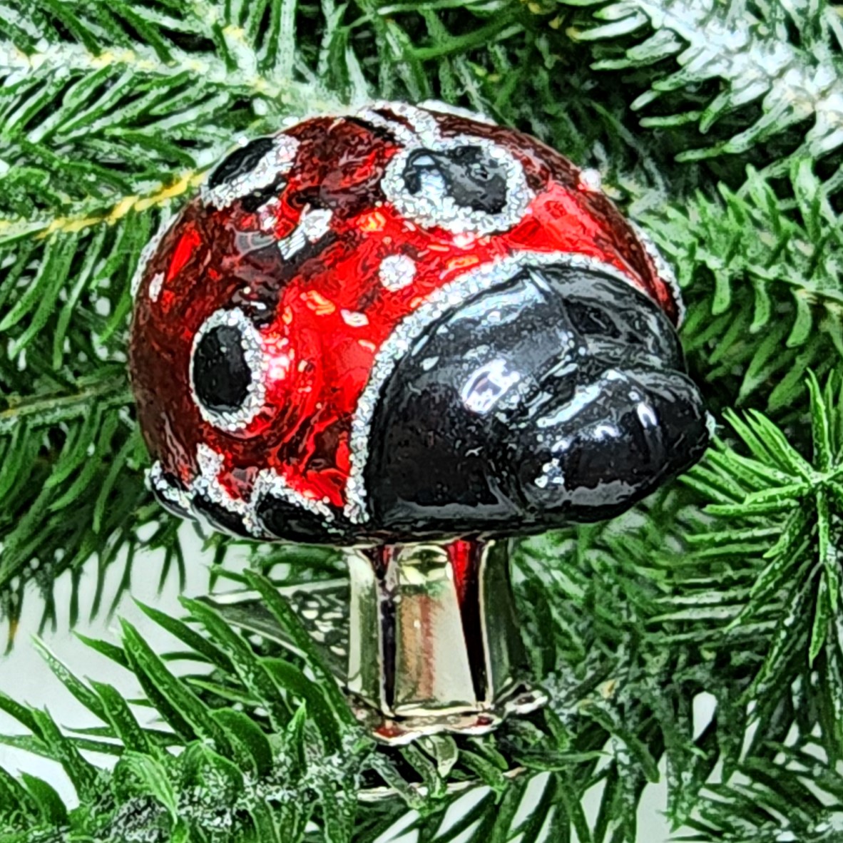 фото Стеклянная елочная игрушка Божья коровка на прищепке