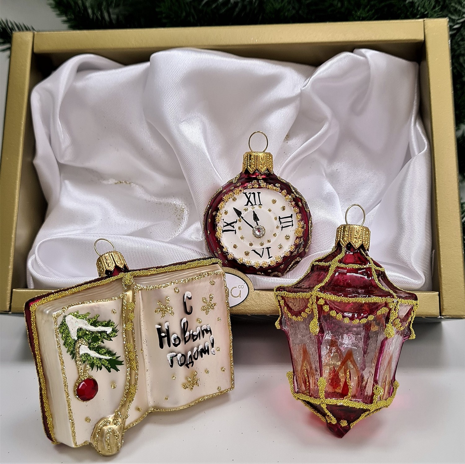 фото Набор ёлочных игрушек Часы, фонарь и книга