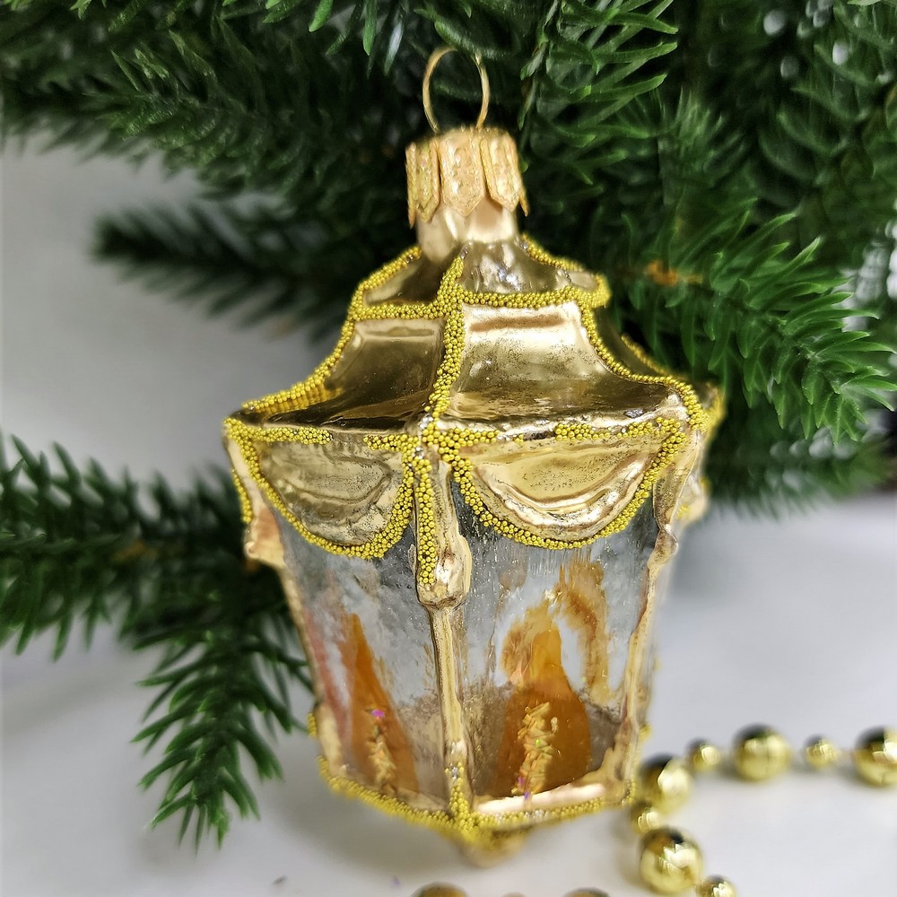 фото Стеклянная елочная игрушка Фонарик малый золотой