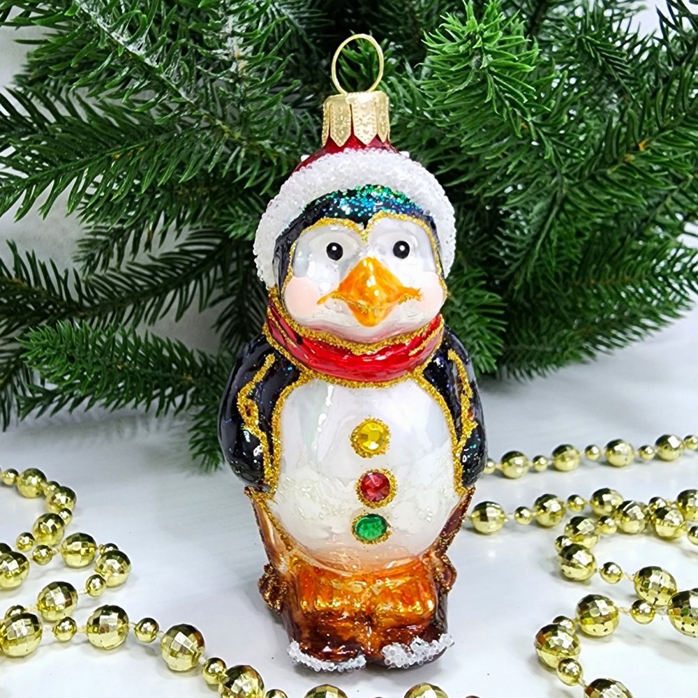 фото Стеклянная елочная игрушка Пингвин на лыжах