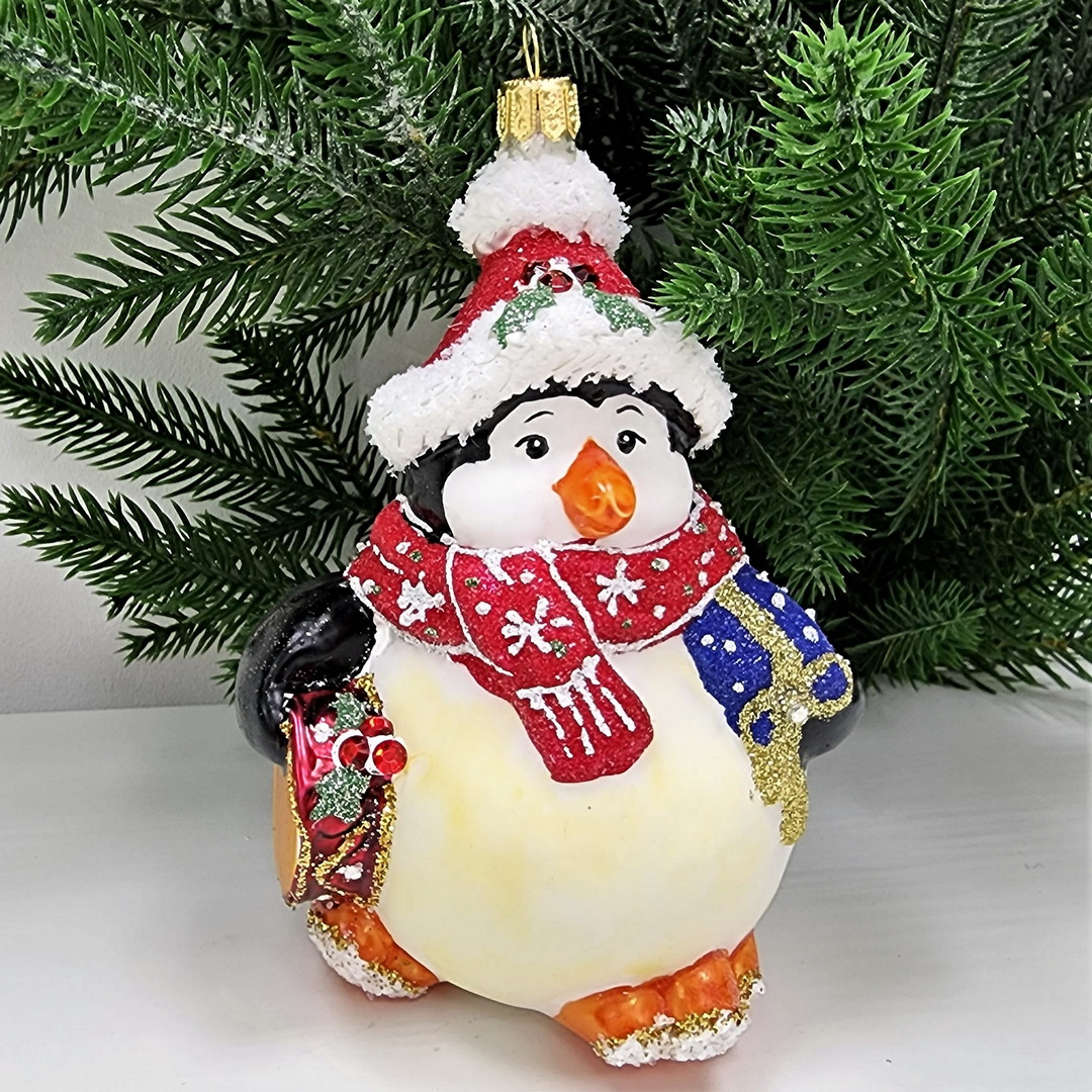 фото Стеклянная елочная игрушка Пингвин с барабаном