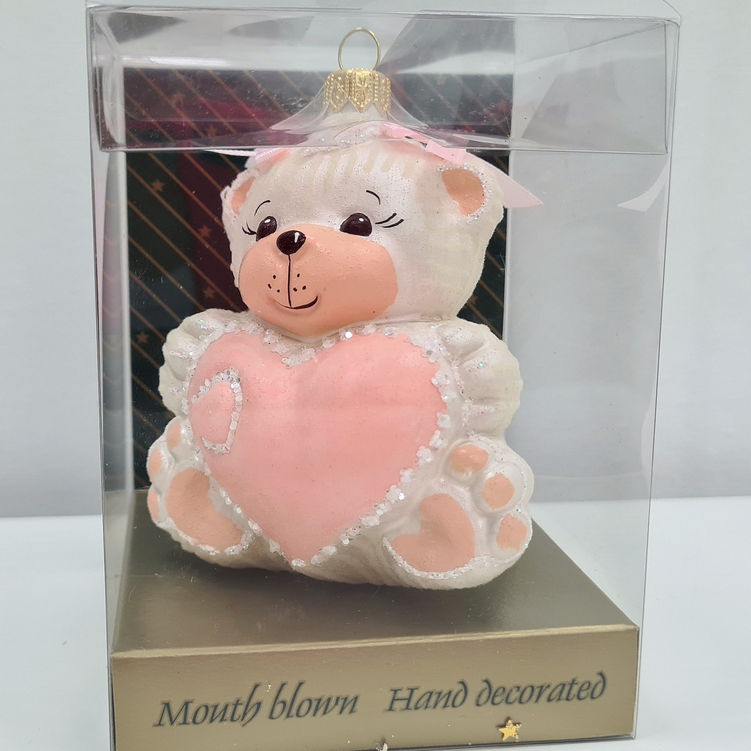 фото Стеклянная елочная игрушка Мишка с сердцем