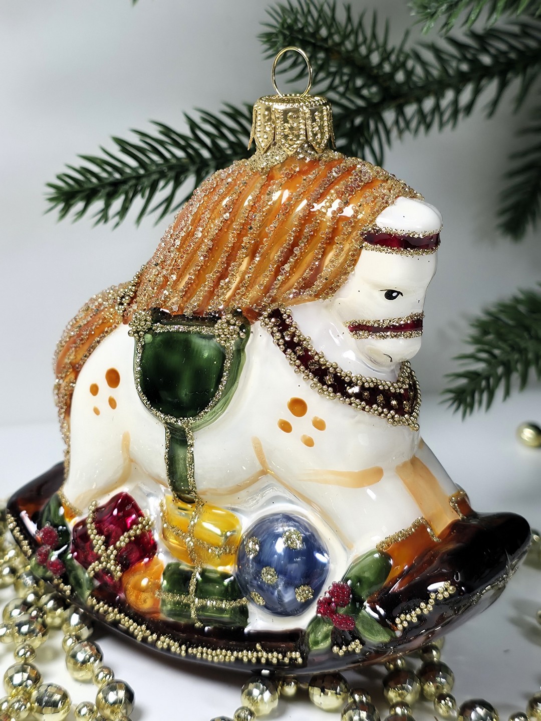 фото Стеклянная елочная игрушка Лошадка качалка