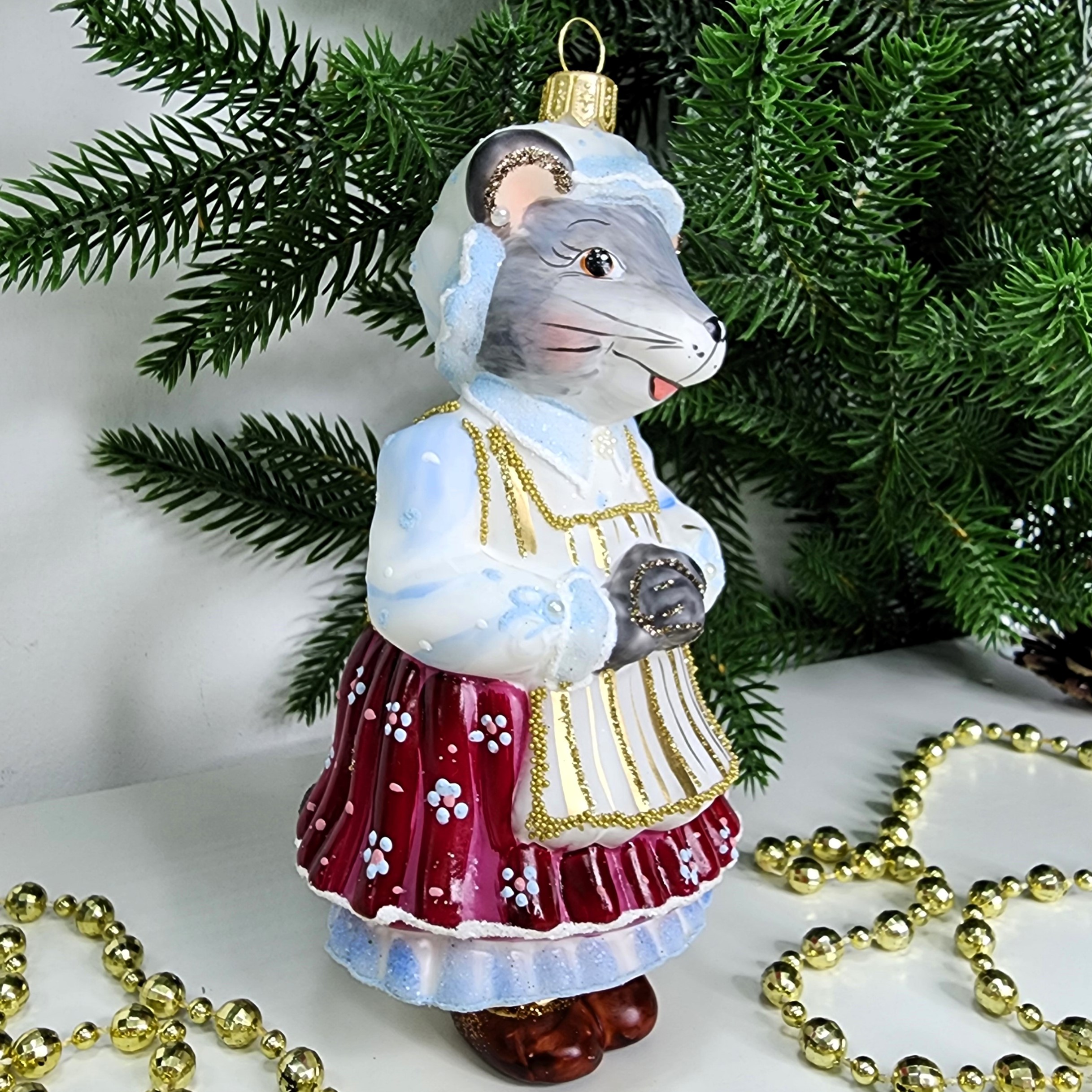 фото Стеклянная елочная игрушка Мышка Хозяйка