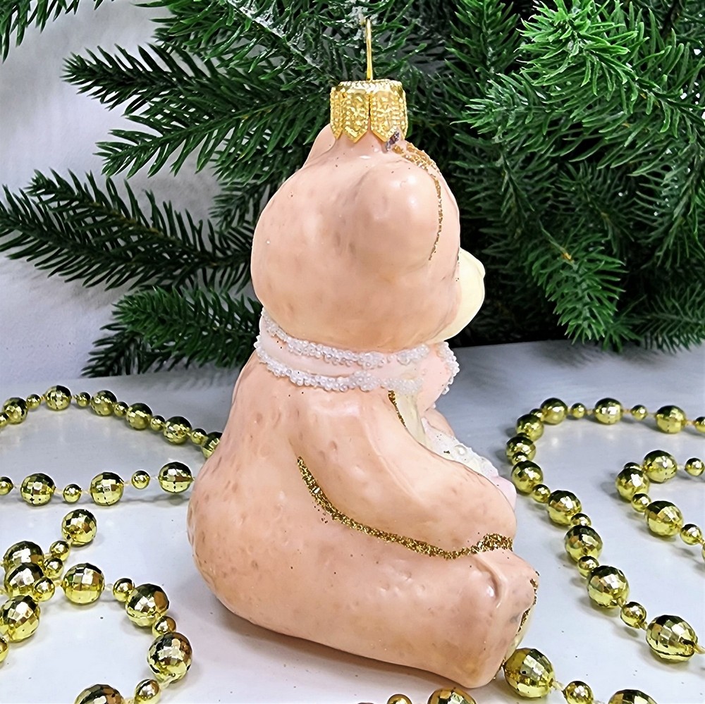 фото Стеклянная елочная игрушка Мишка с подарками детский