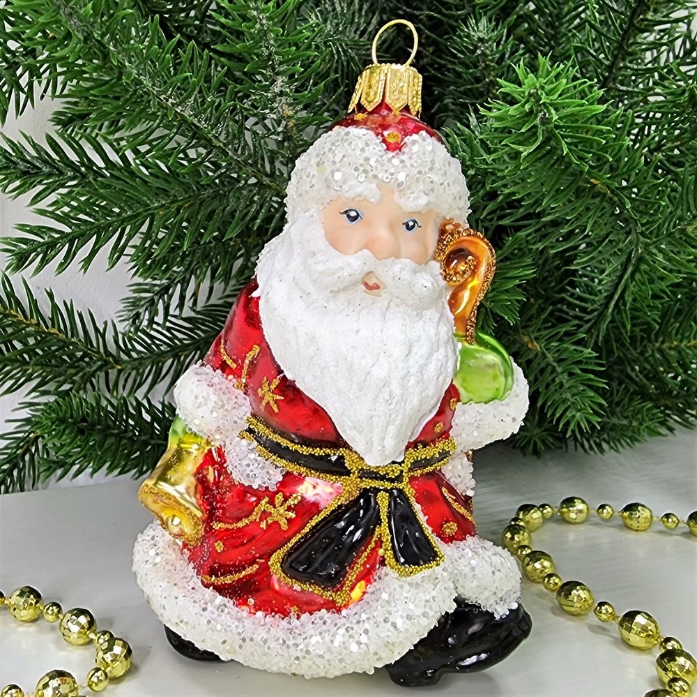 фото Стеклянная елочная игрушка Дед Мороз с колокольчиком