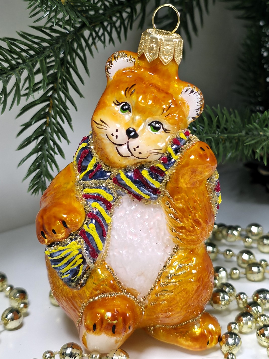 фото Стеклянная елочная игрушка Котик в шарфе