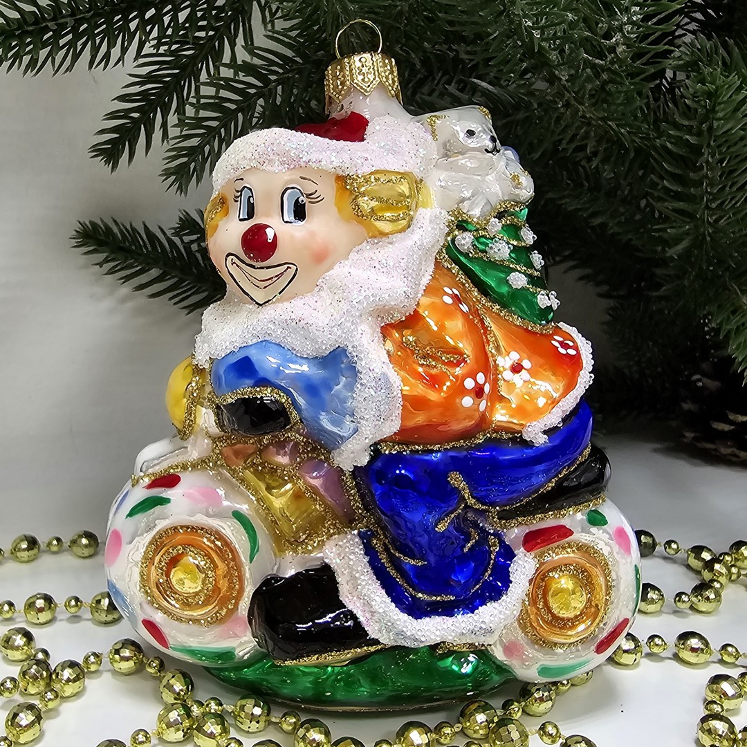 фото Стеклянная елочная игрушка Клоун на мотоцикле