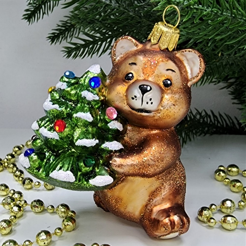 фото Стеклянная елочная игрушка Мишка с елкой