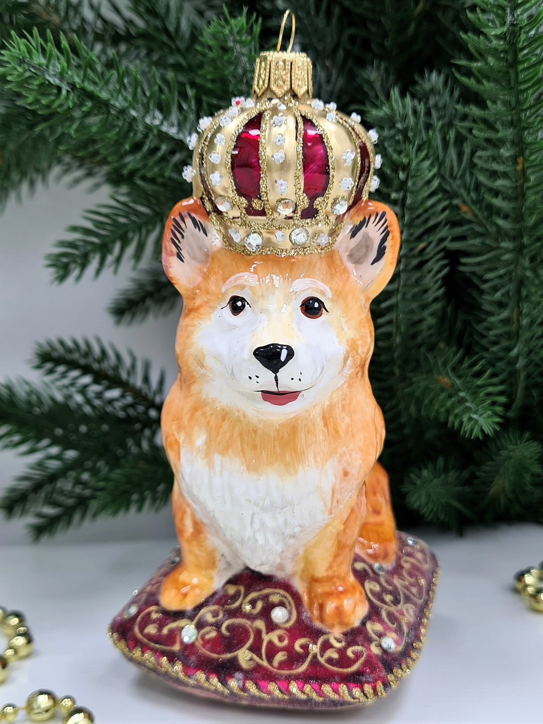 фото Стеклянная елочная игрушка Корги в короне