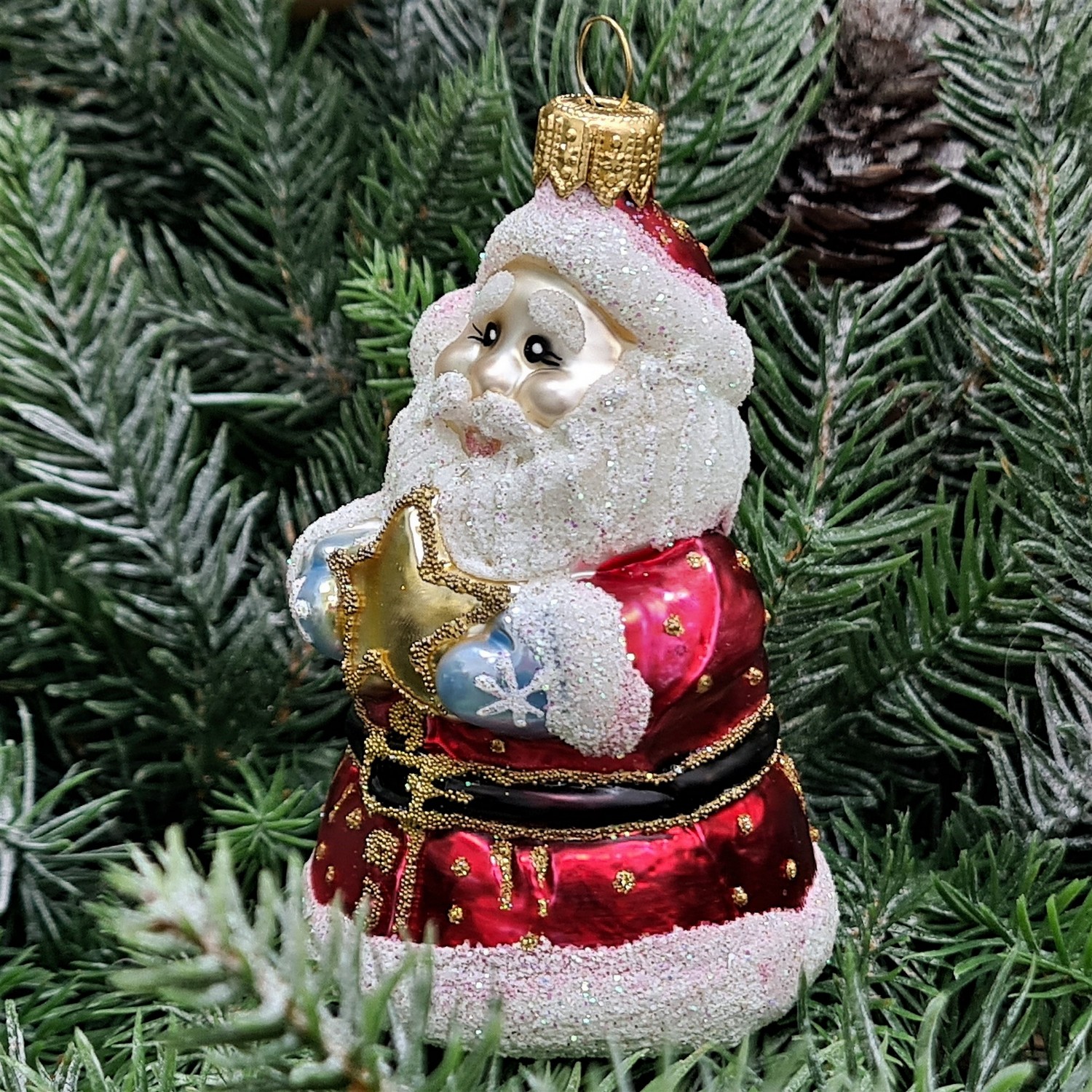 фото Стеклянная елочная игрушка Дед Мороз со звездой