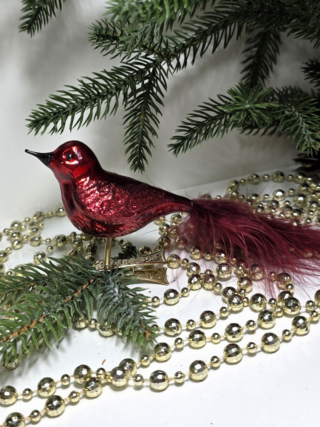 фото Стеклянная елочная игрушка Птичка на прищепке