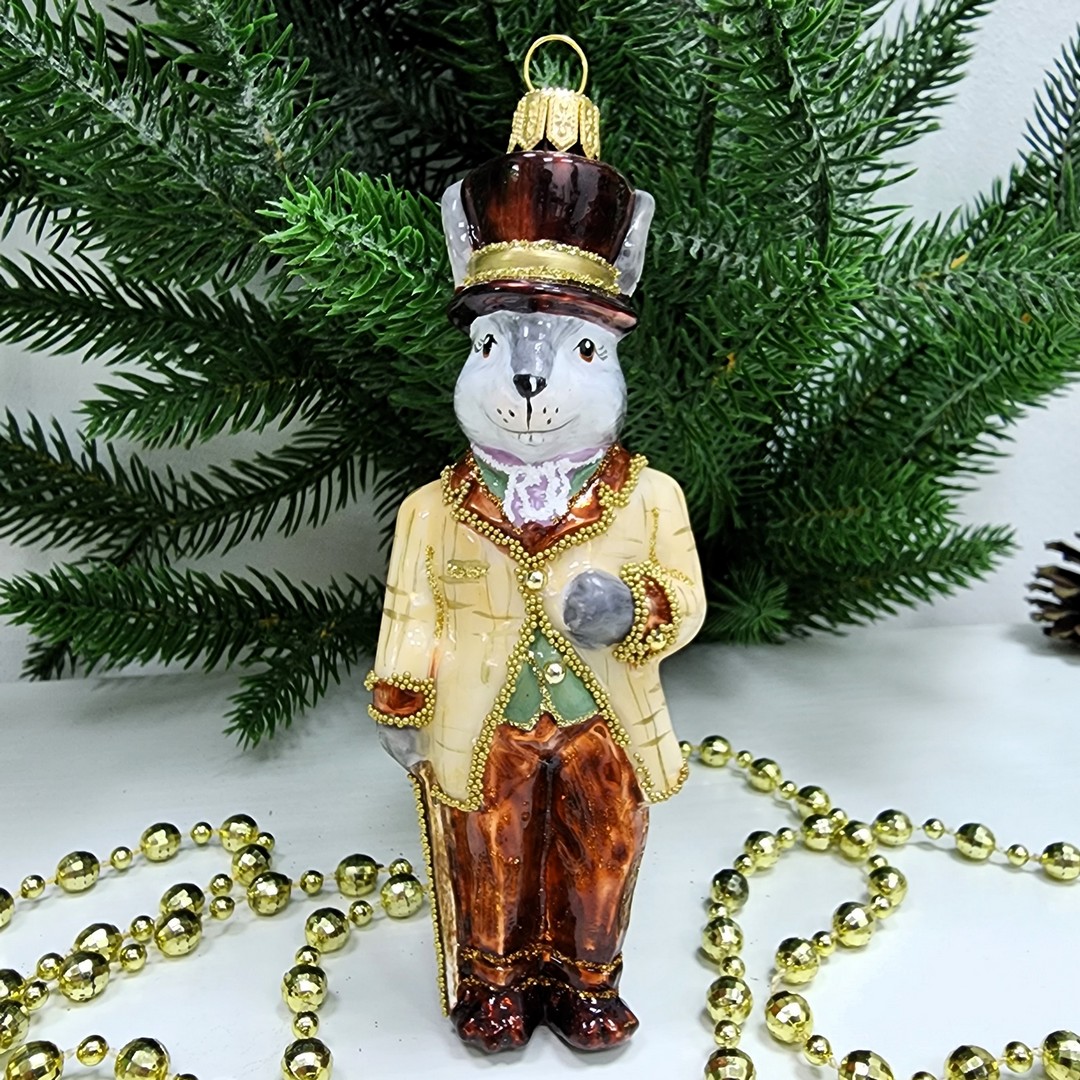 фото Стеклянная елочная игрушка Заяц джентельмен