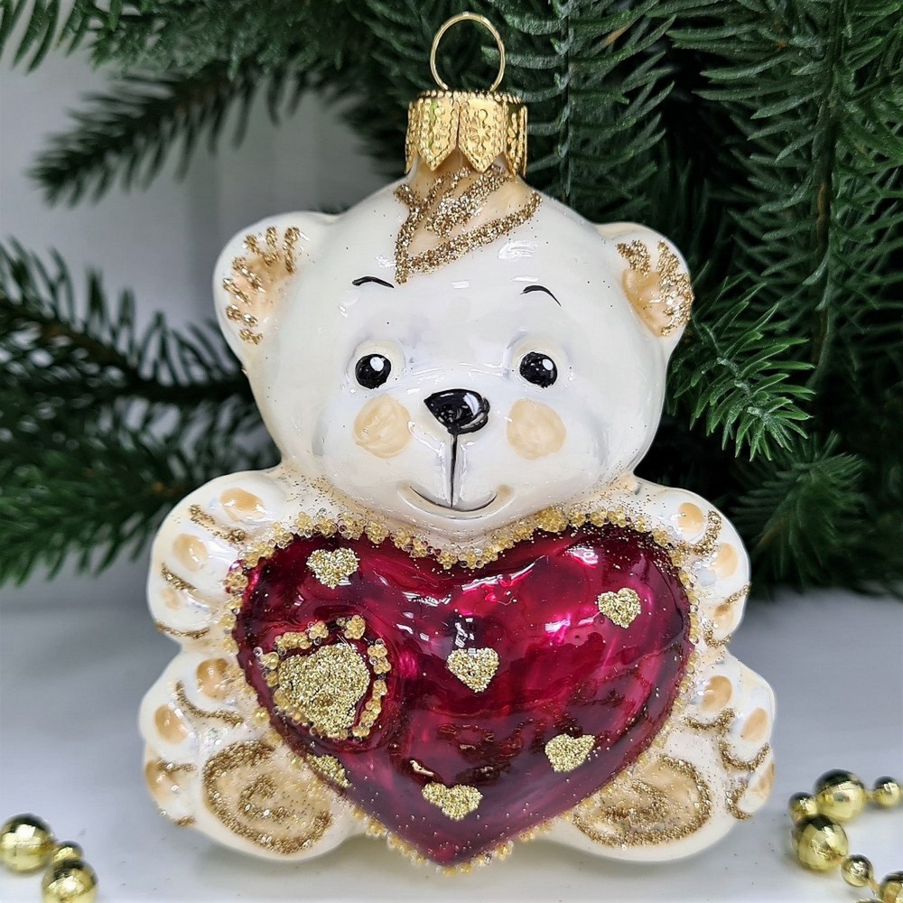фото Стеклянная елочная игрушка Мишка с сердцем