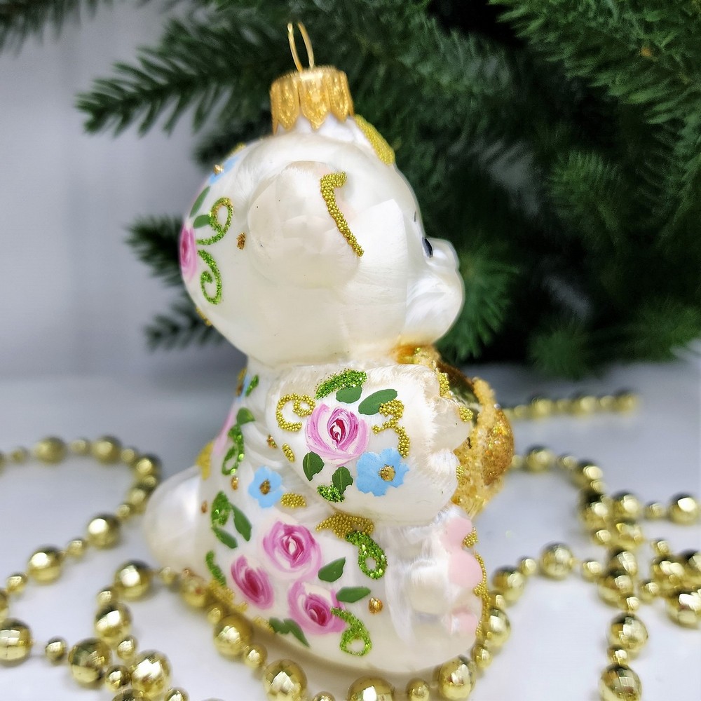фото Стеклянная елочная игрушка Мишка с сердцем Версаль