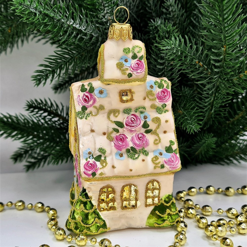 фото Стеклянная елочная игрушка Домик с острой крышей версаль