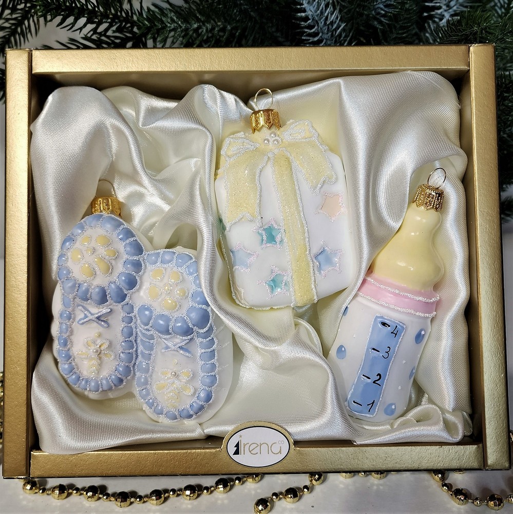 фото Набор ёлочных игрушек Бутылочка, подарок и пинетки