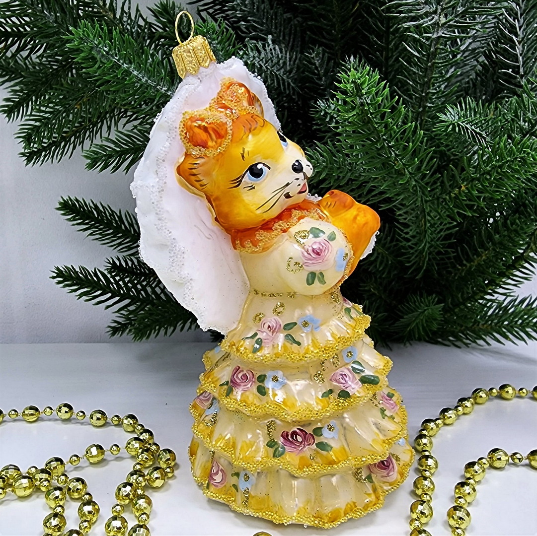 фото Стеклянная елочная игрушка Кошка с зонтиком версаль