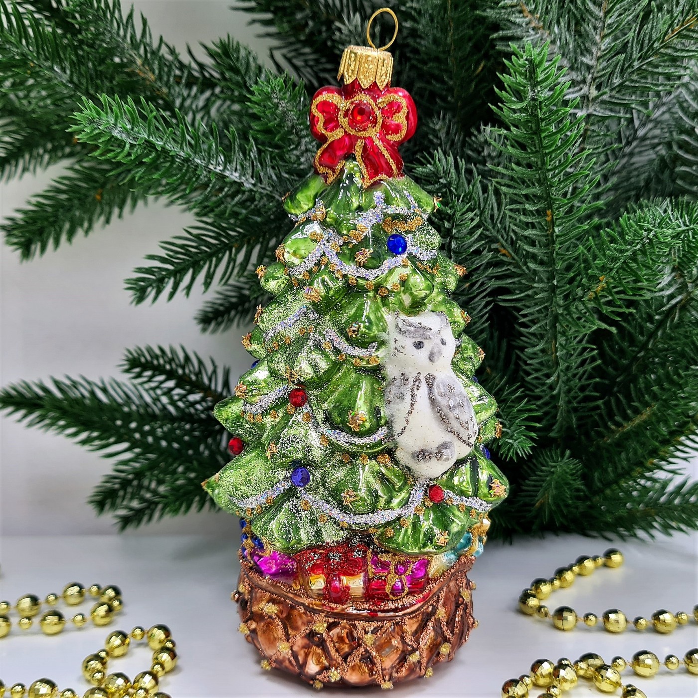 фото Стеклянная елочная игрушка Елка с совой и бантом