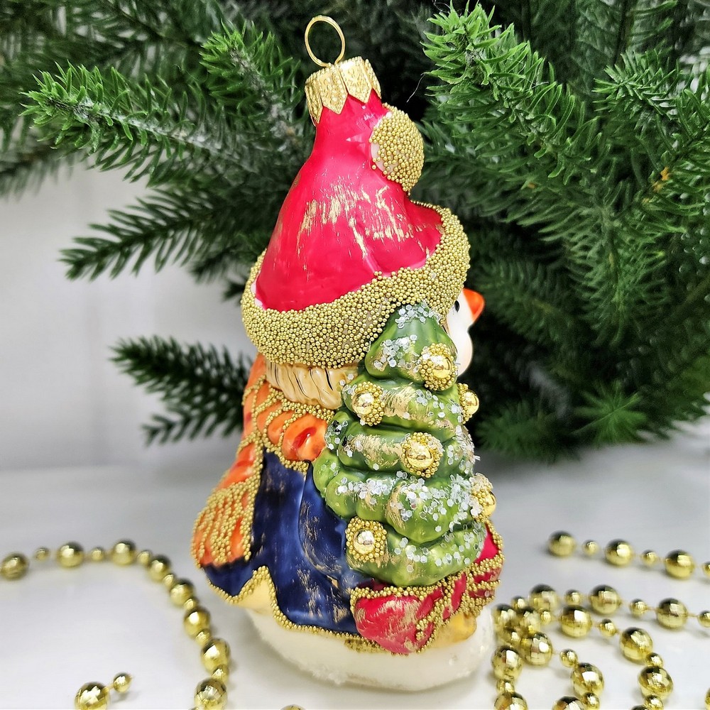 фото Стеклянная елочная игрушка Снеговик с елкой винтаж