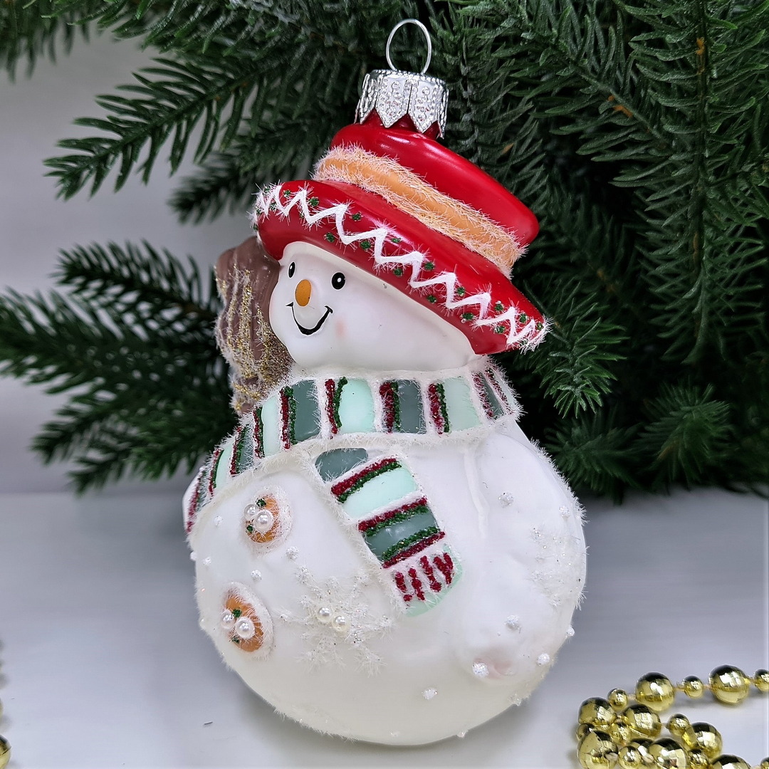 фото Стеклянная елочная игрушка Снеговик с метлой