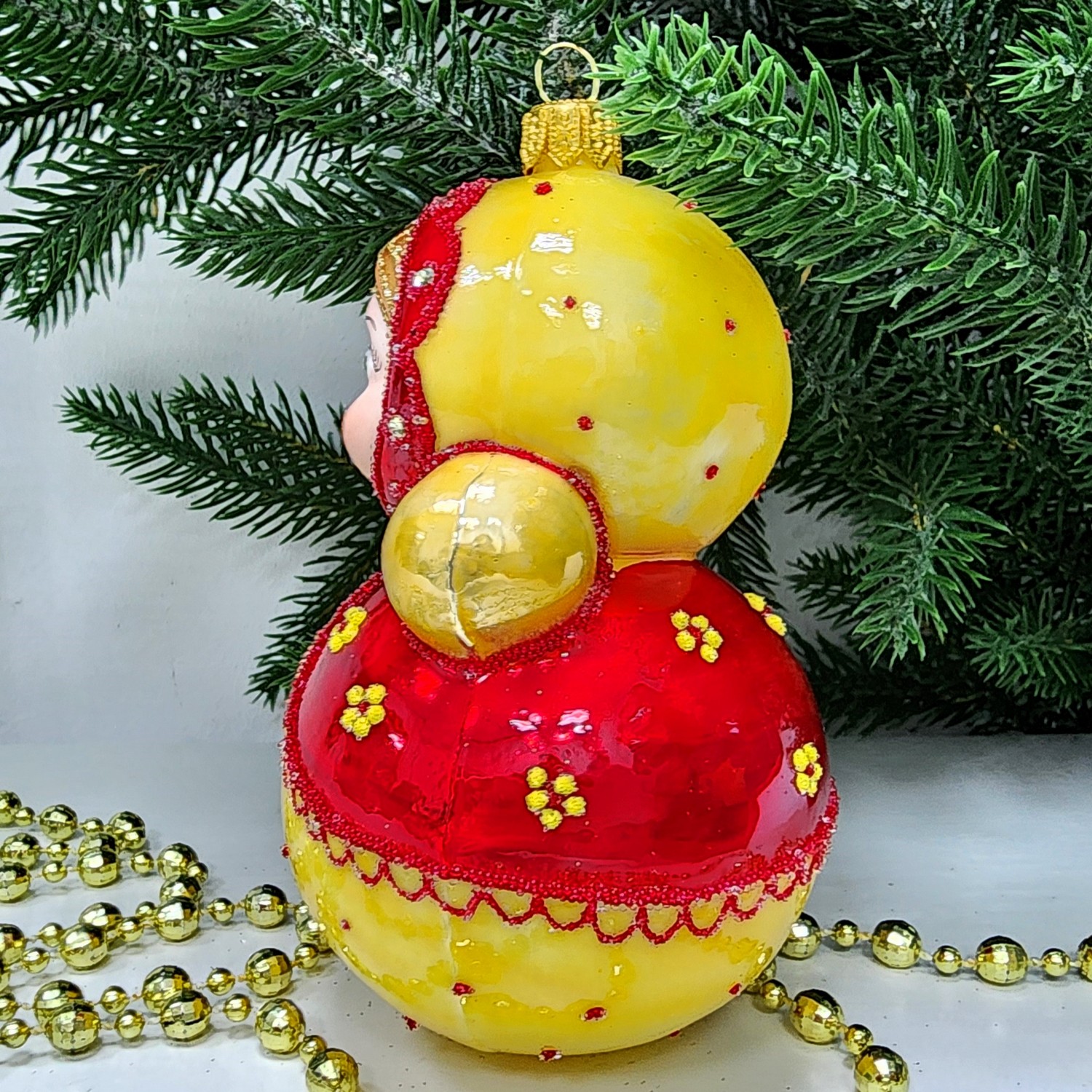 фото Стеклянная елочная игрушка Матрешка неваляшка