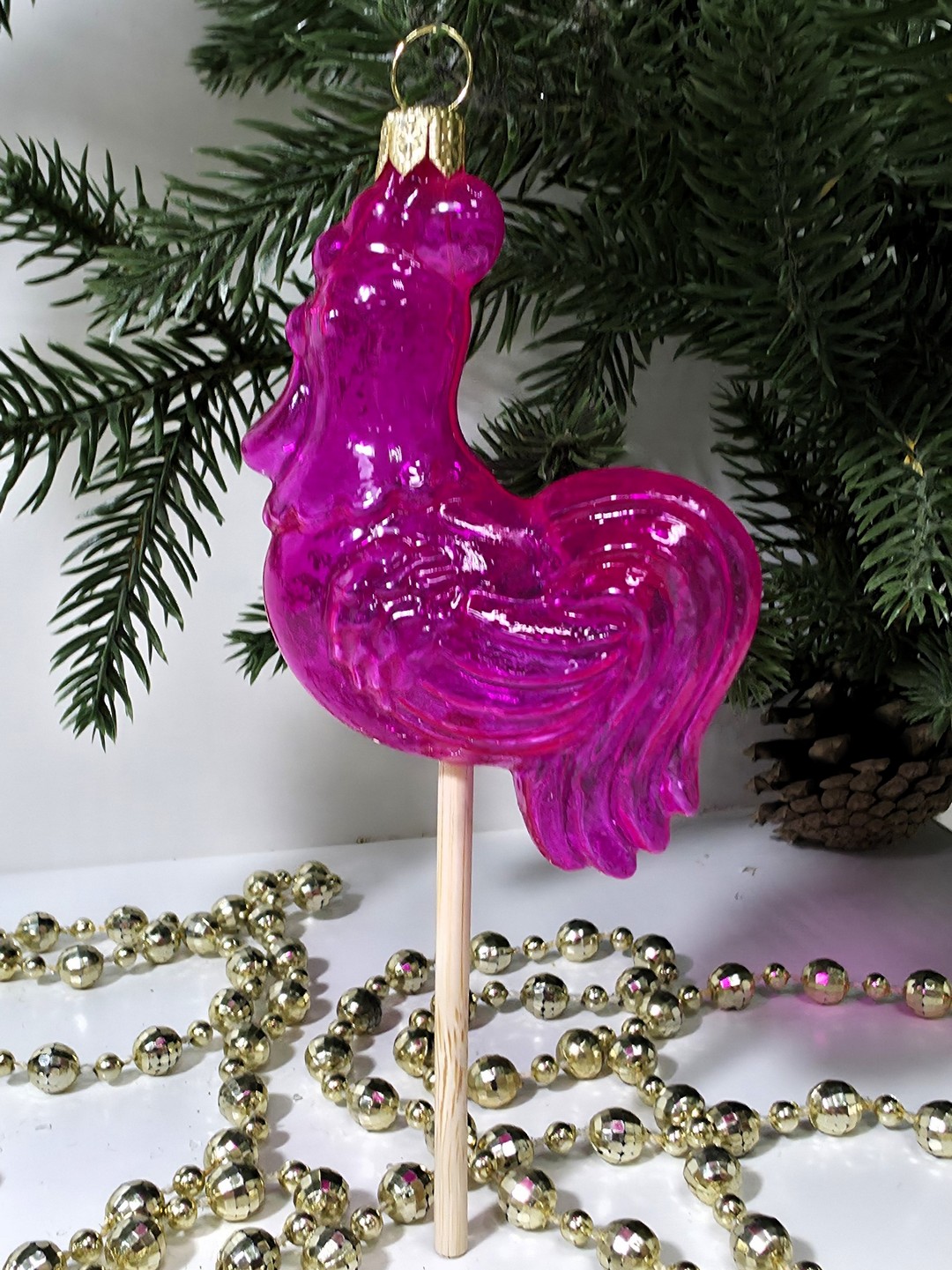 фото Стеклянная елочная игрушка Петушок на палочке