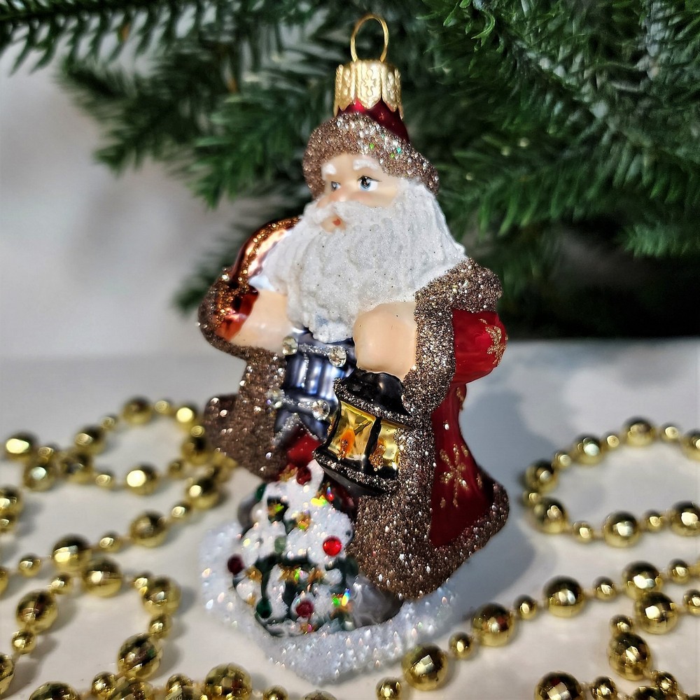 фото Стеклянная елочная игрушка Дед Мороз с фонарем царский